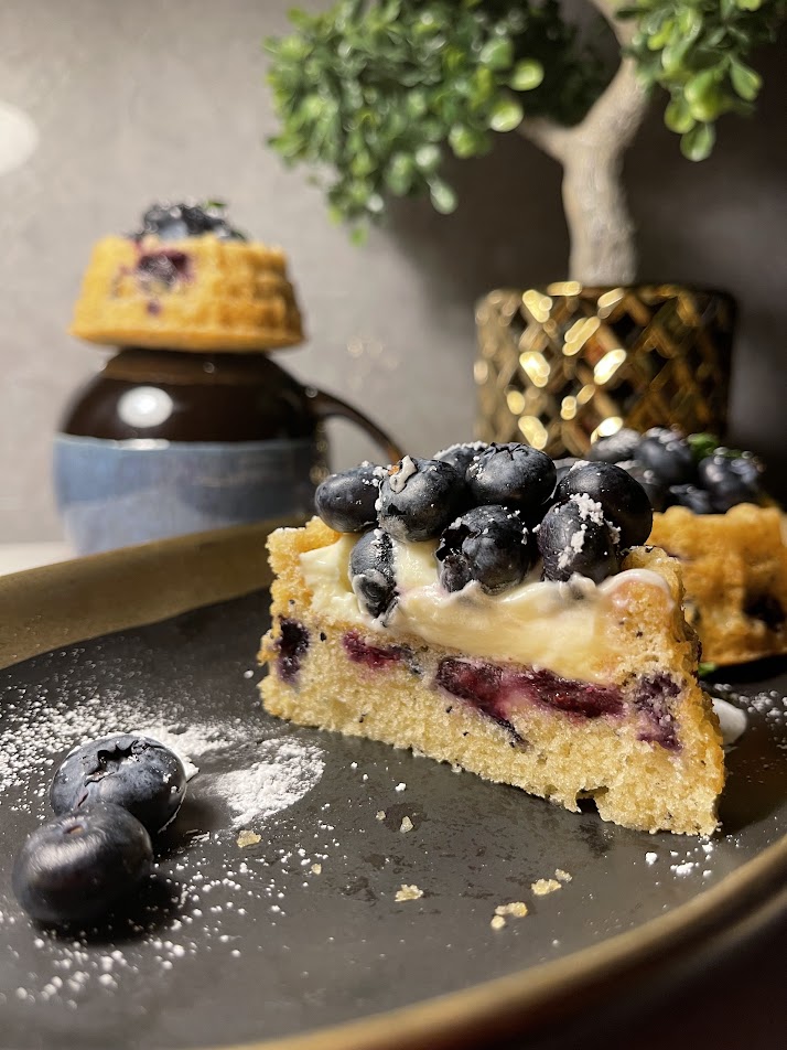 Blueberry Cream Cake Slice with Fresh Toppings